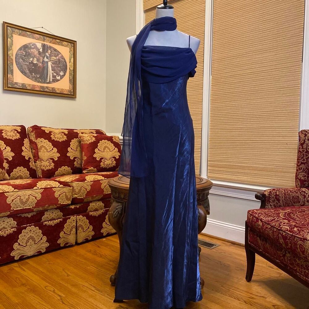 vintage 90s prom formal iridescent navy blue maxi dress with cowl neck and spagh